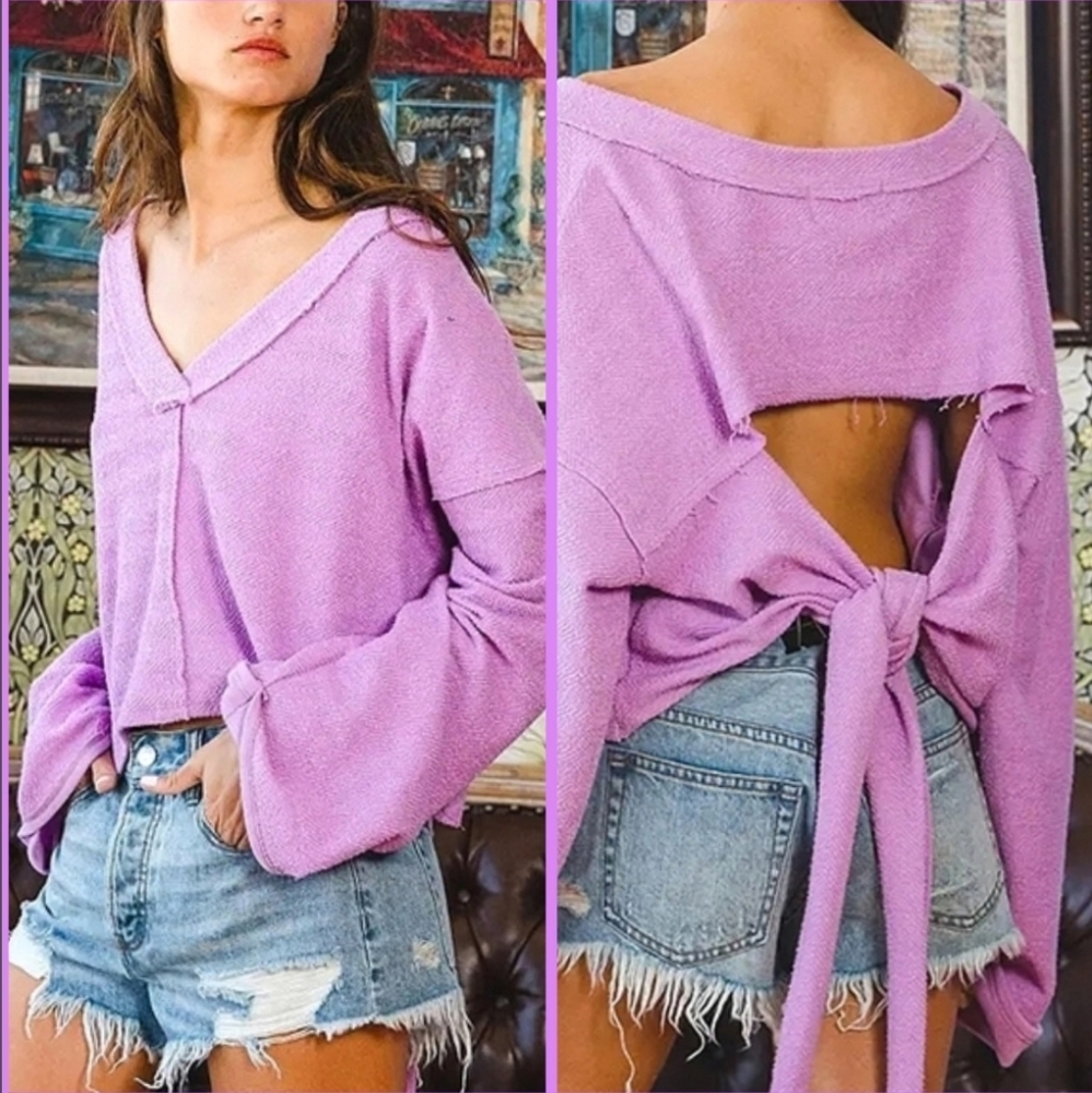 Lavender V-Neck Sweater with Tie-Back oversized